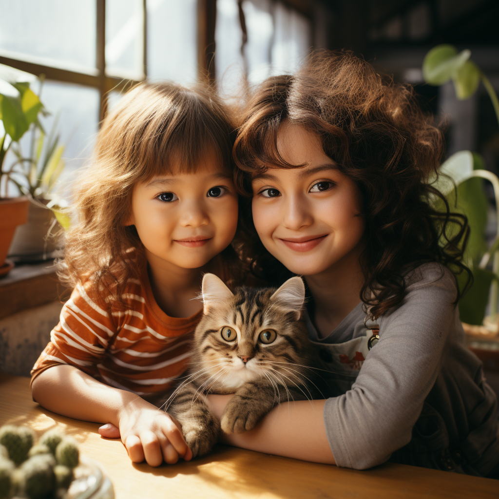 Two Asian woman and American child hugging with a cat