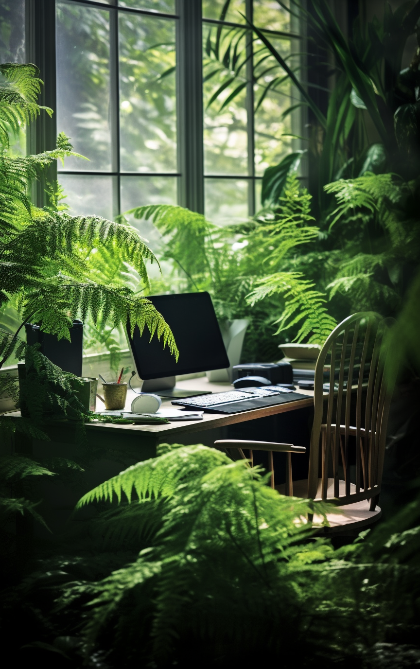 Desk in Beautiful Light-Filled Room with Green Ferns