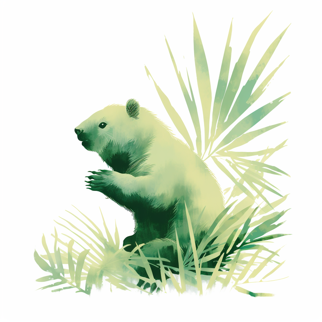 Cute wombat climbing palm leaves