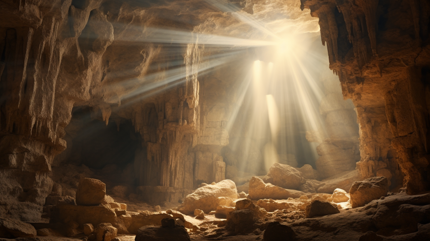 Light rays shining through medieval cave art