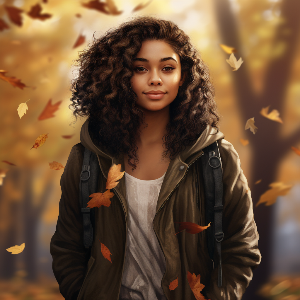 Smiling Guyanese girl in brown jacket walking in park