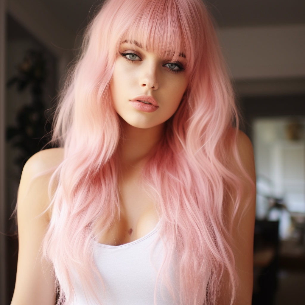 Beautiful woman with pink hair and bangs