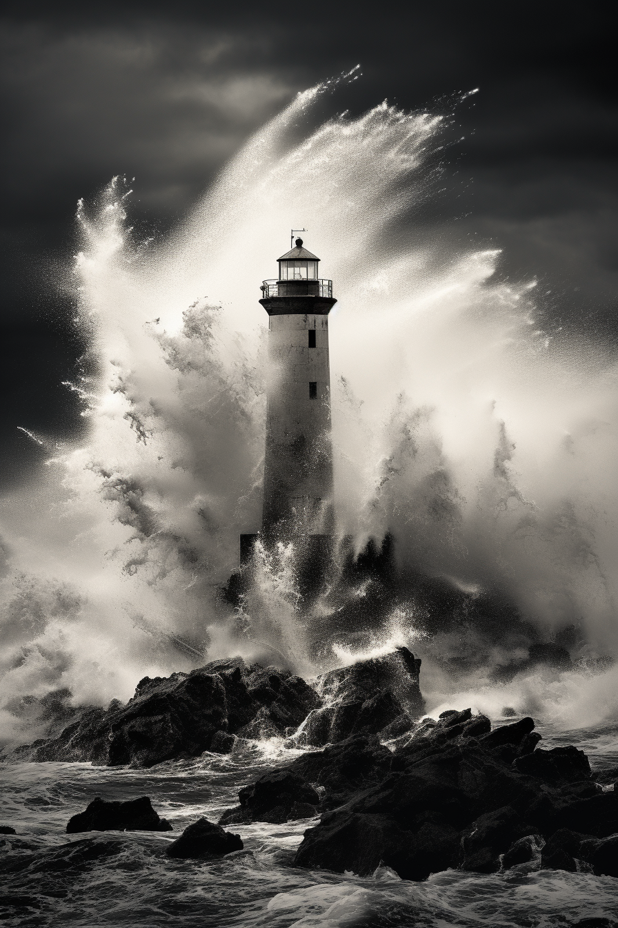 Lighthouse weathering stormy waves on rocky coast