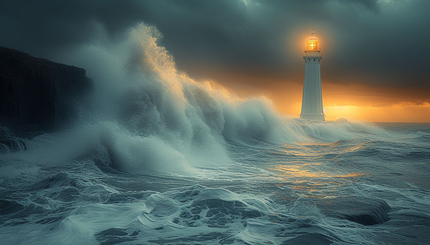 Lighthouse in stormy weather with big waves