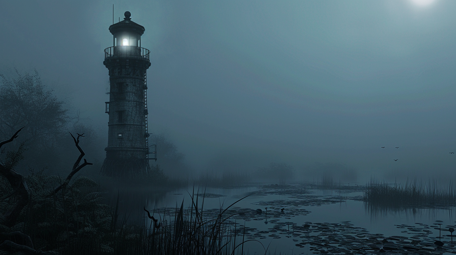 Lighthouse in swamp at dusk