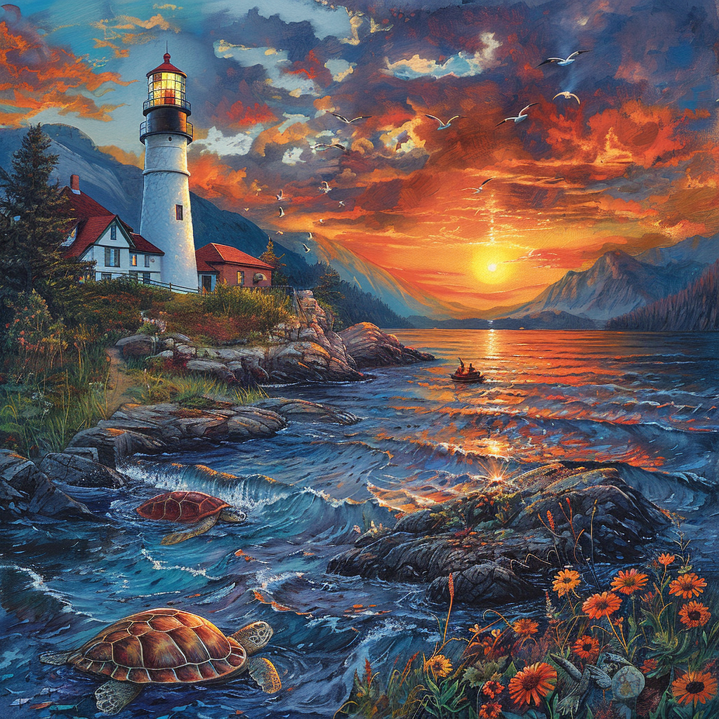 Lighthouse Turtles Lake Poster