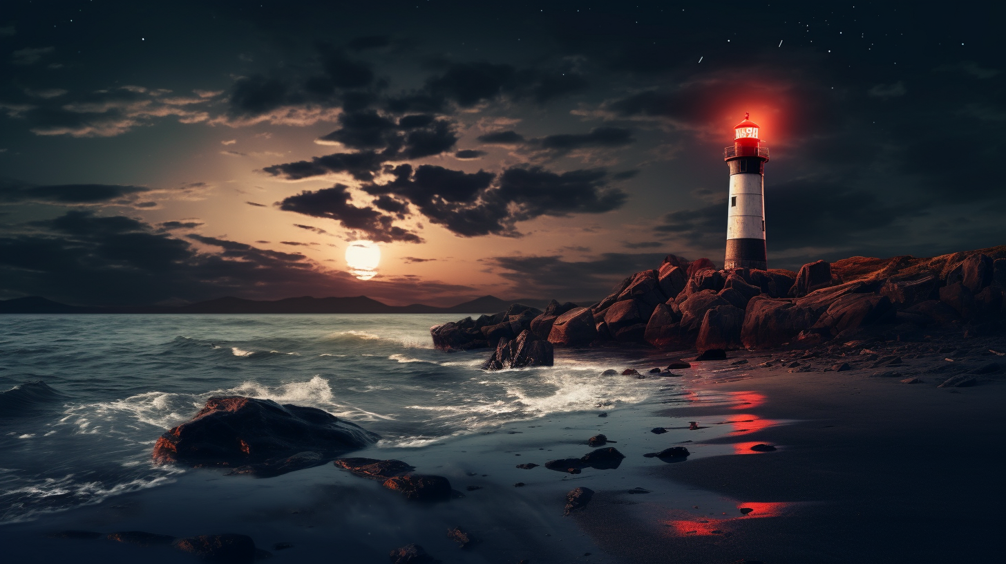 Beautiful lighthouse on the beach at night