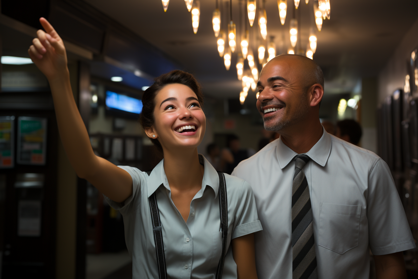 Lighting contractor and hotel manager pointing at ceiling lights