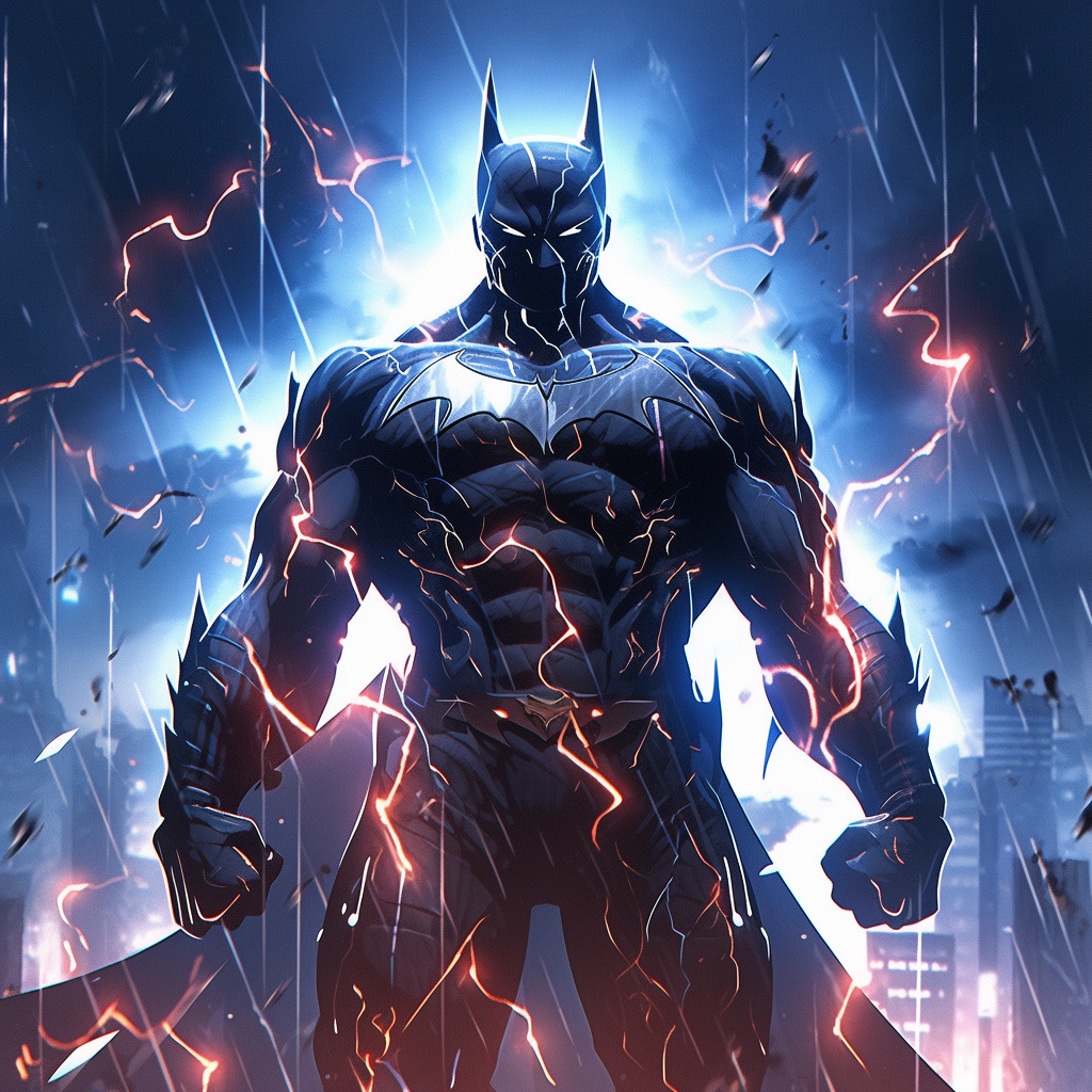 Batman standing amidst lightning in Gotham City