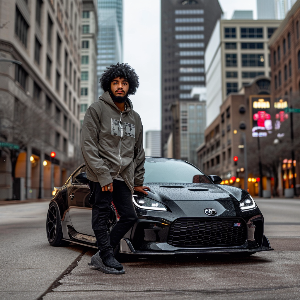 Lightskin Man in Winter Clothes leaning on Toyota GR86