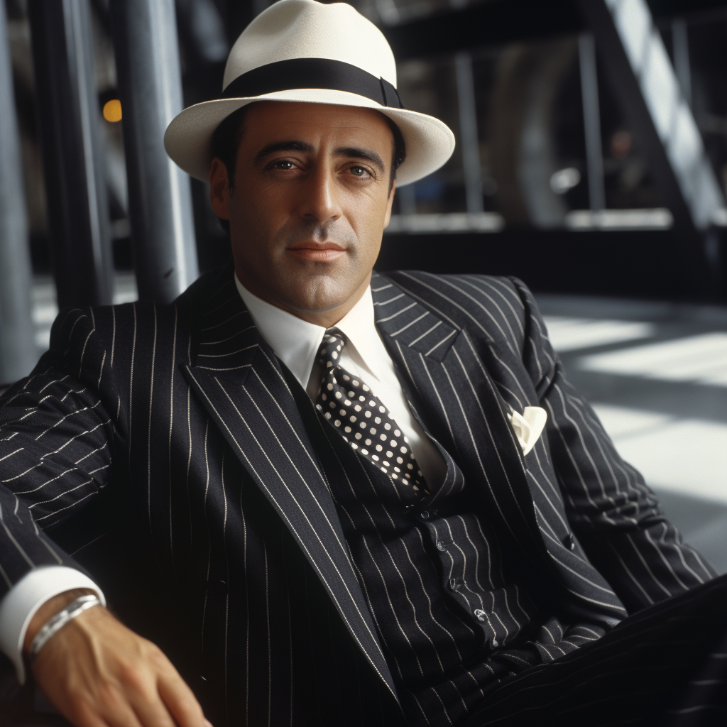 Image of a likeable bumbling gangster in pinstripe suit