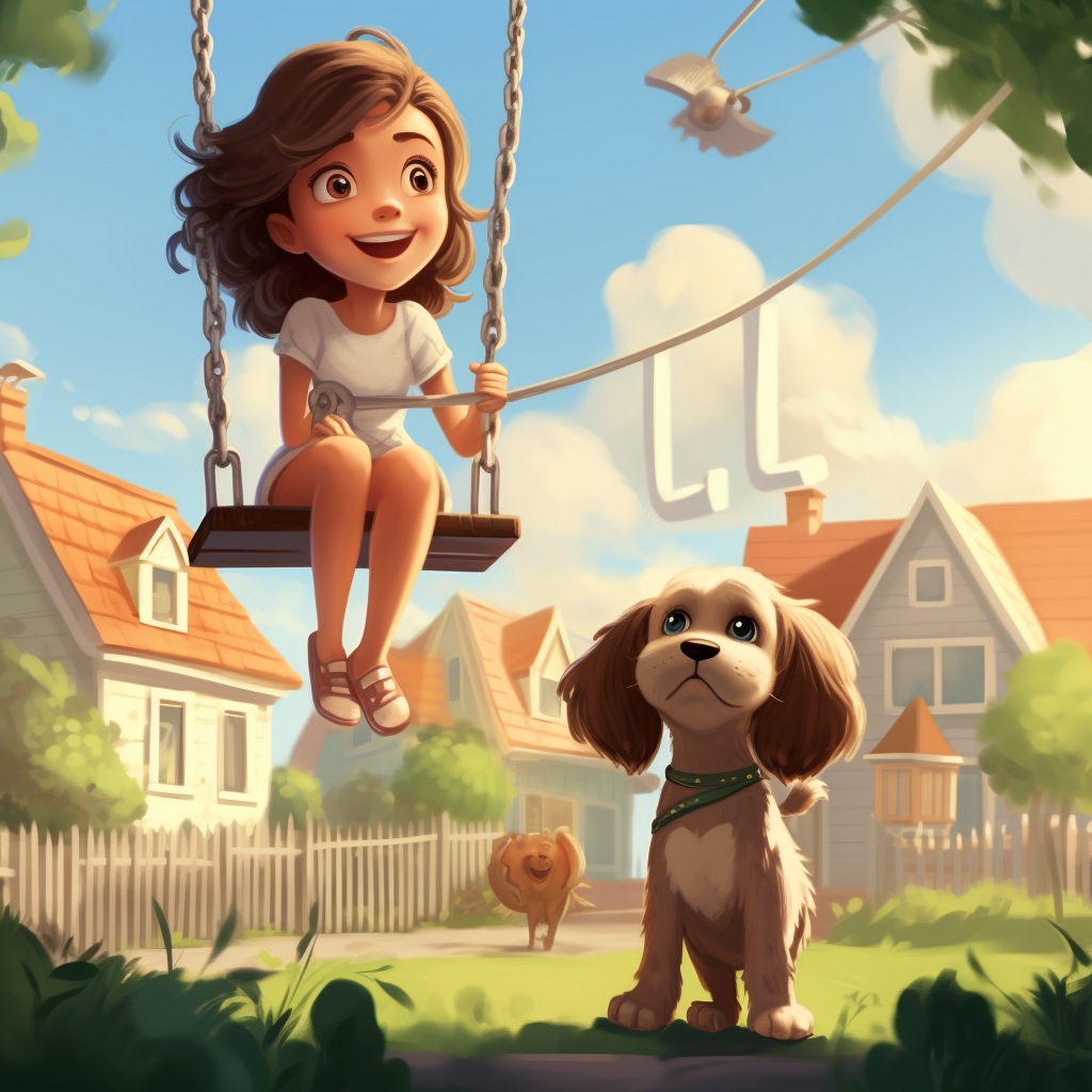 Little girl having fun with a dog, swingset, and house