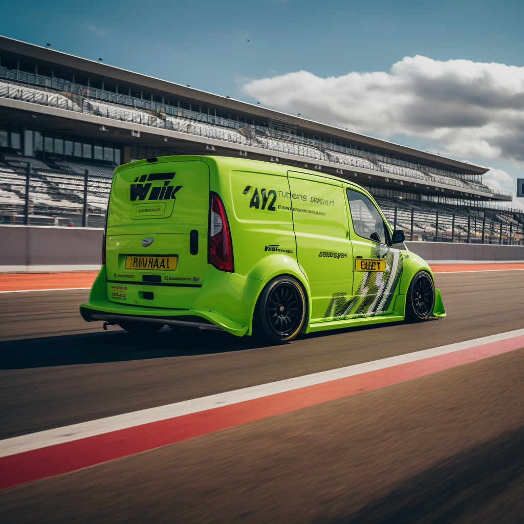 Speeding lime green van on racetrack