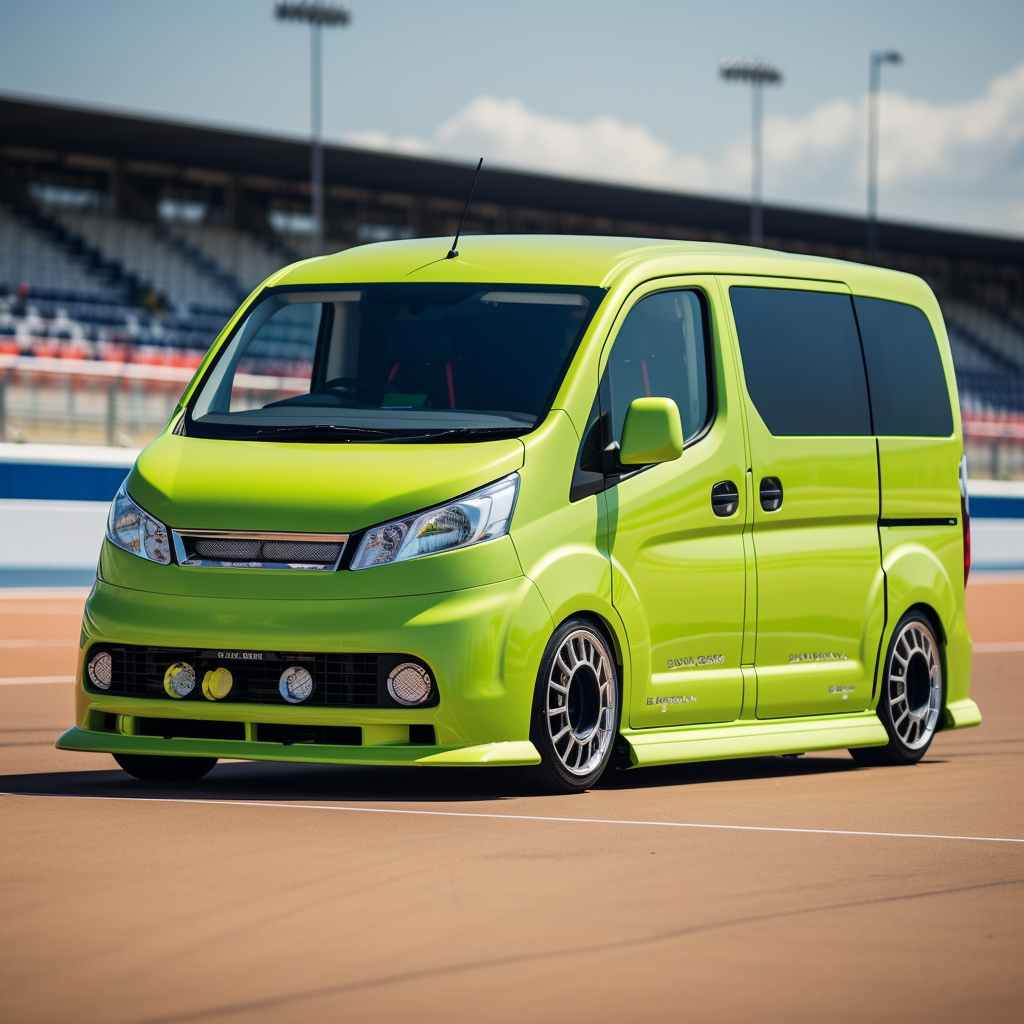 Lime green van on racetrack  (6 words)