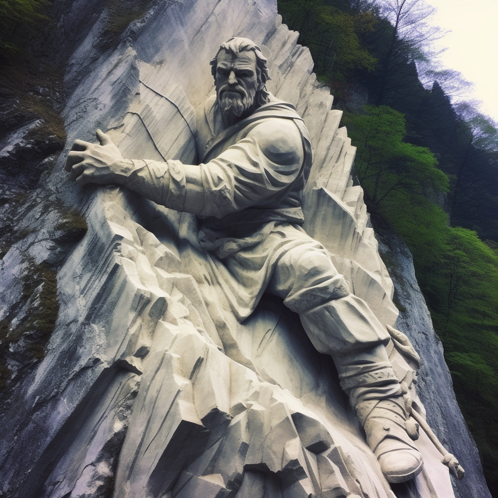 Man Pulling Out from Limestone Cliffside Carving