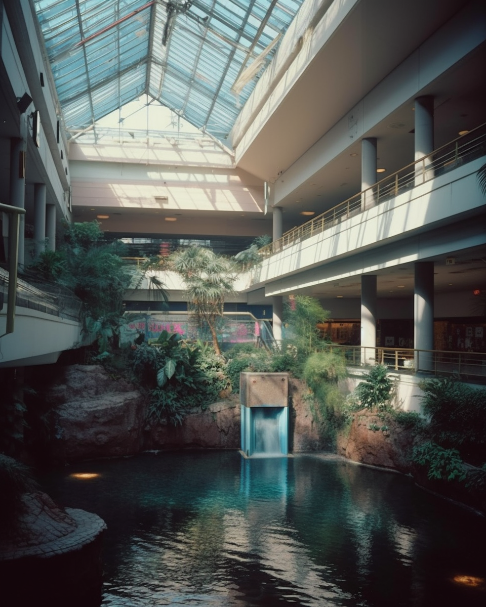 Liminal vaporwave aquarium mall with waterfall