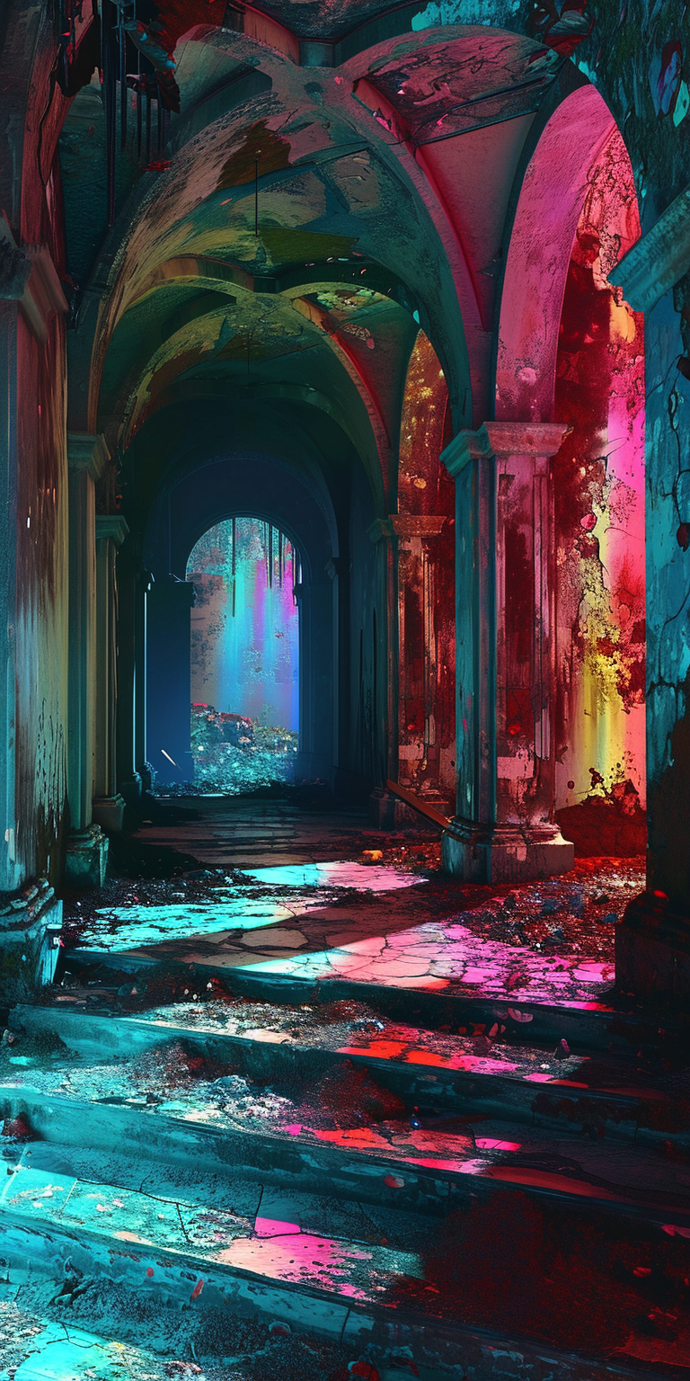 Vibrant and Surreal Gothic Revival Rainbow Poolcore Image