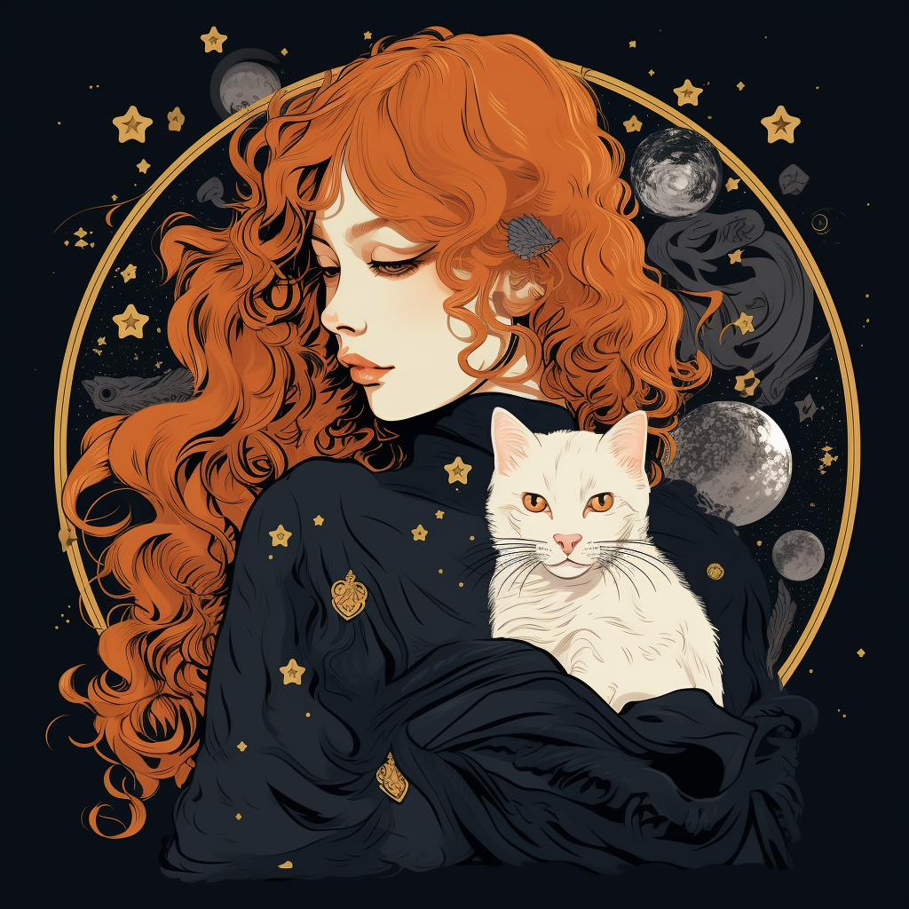 Woman with Ginger Hair, Black Cat, White Dog