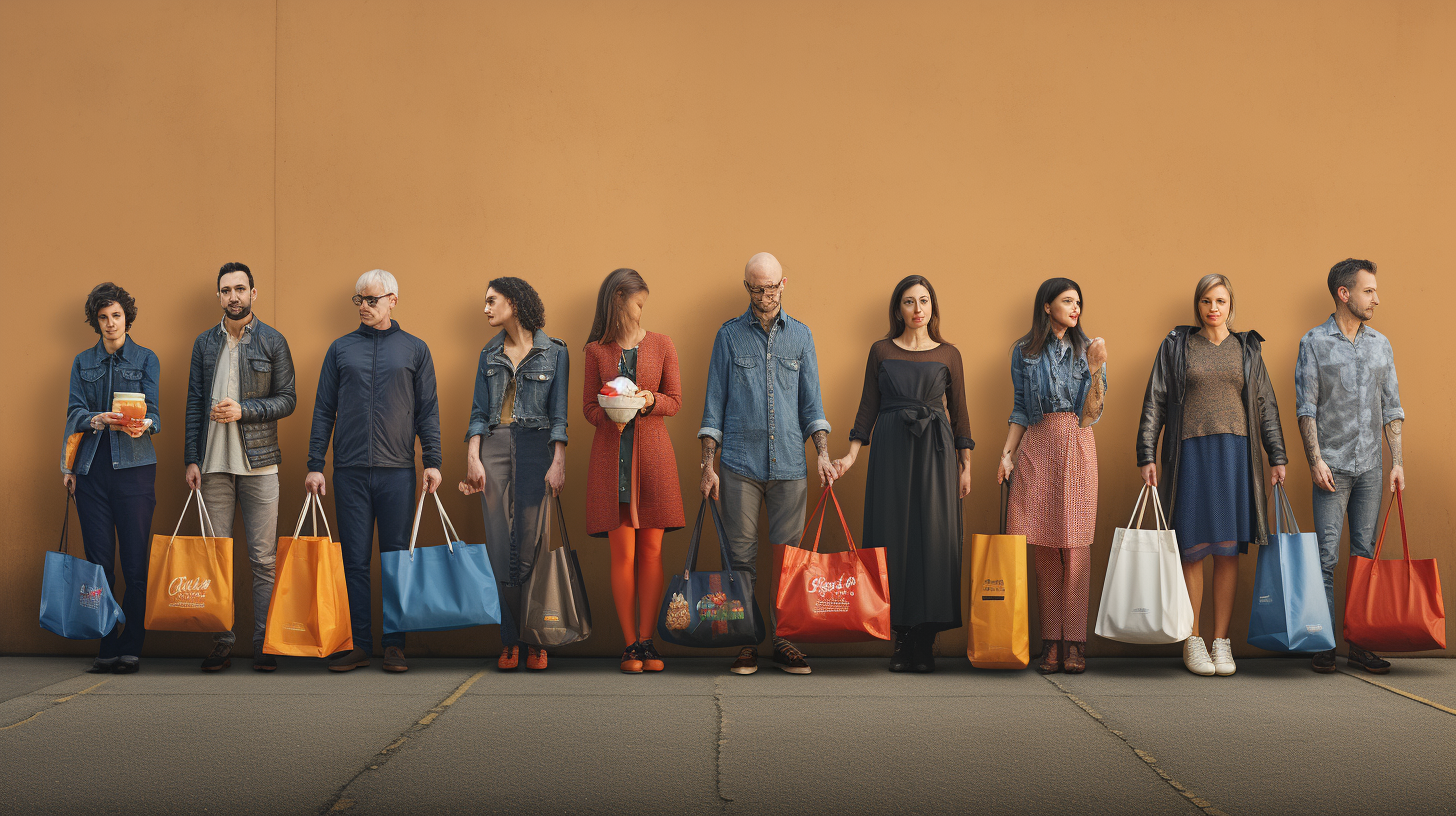 People connecting through Aldi groceries bags