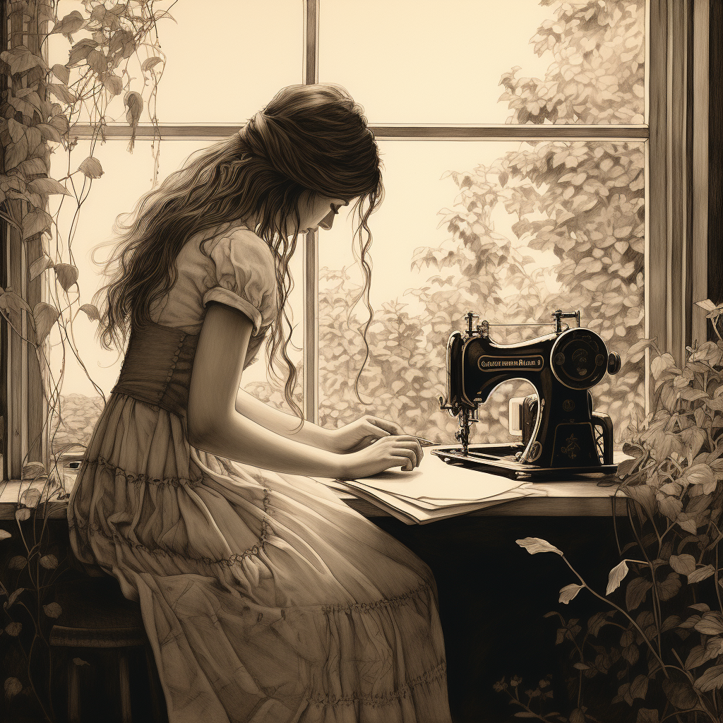 Girl in Linen Dress Using Victorian Sewing Machine