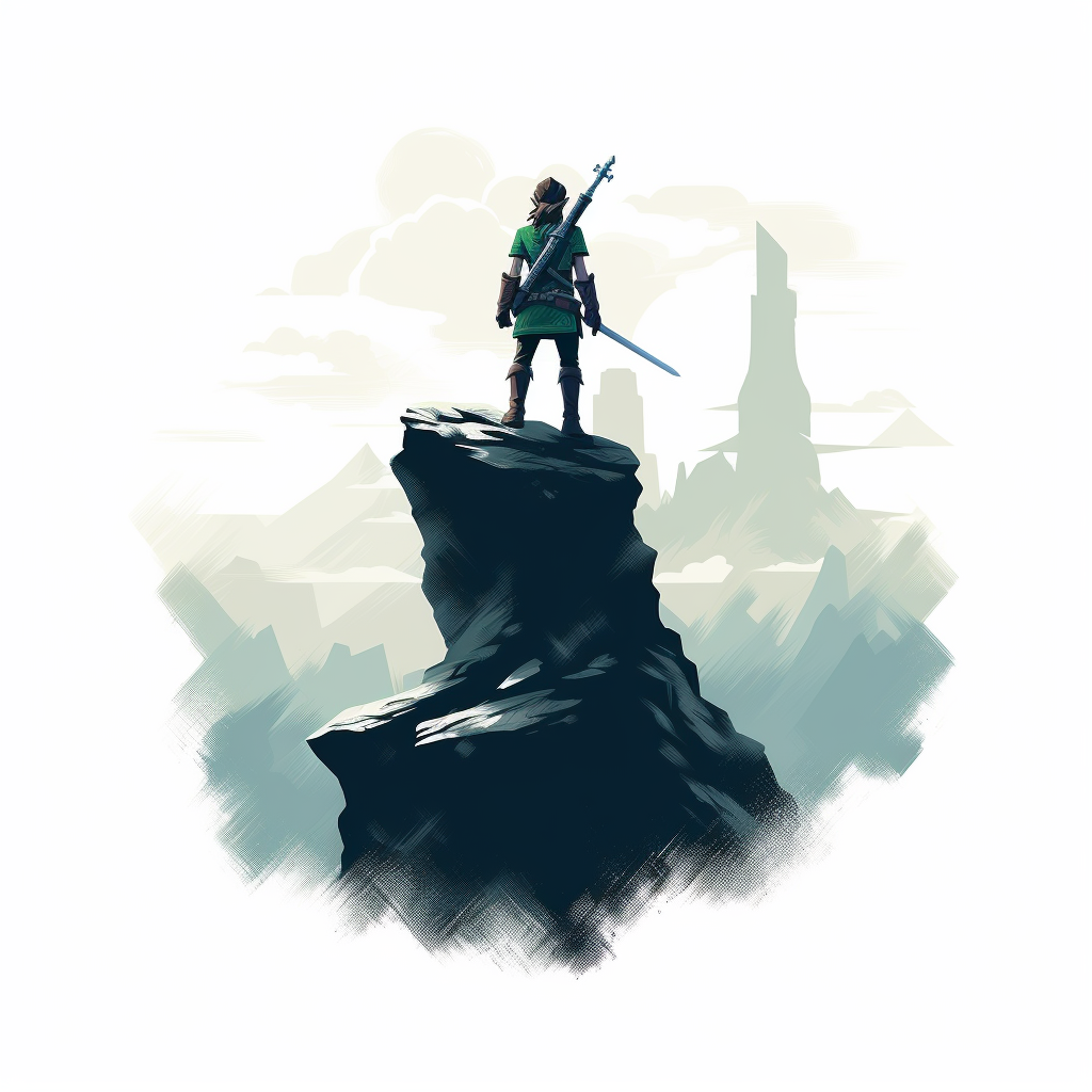 Minimalist illustration of Link standing on a cliff