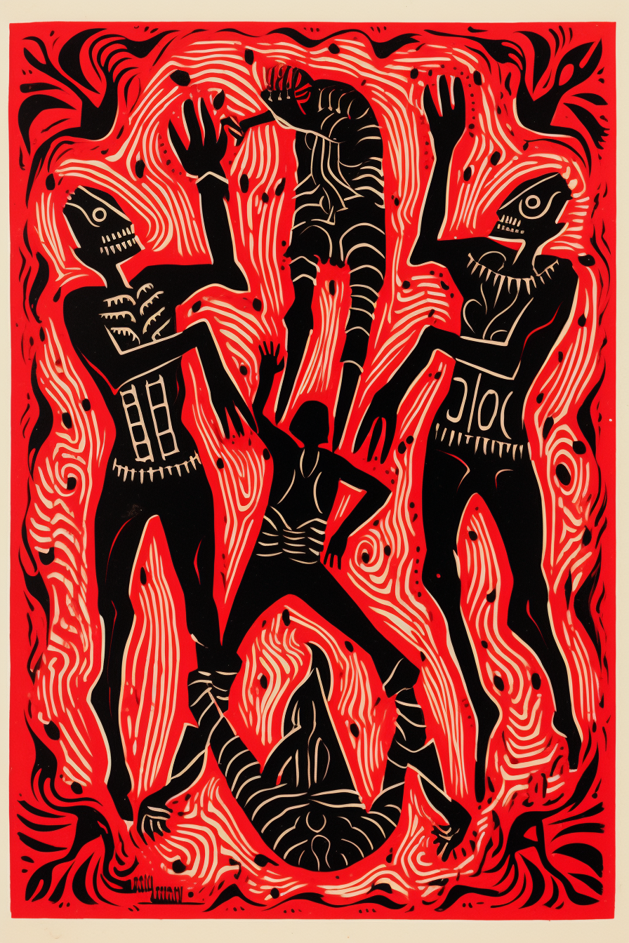 Linocut of Dancing Devils on Playing Card Back