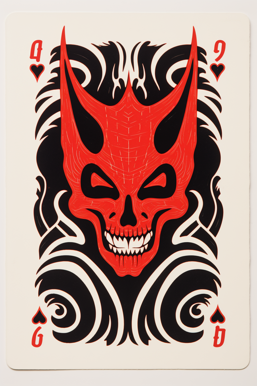 Devil-themed playing card linocut