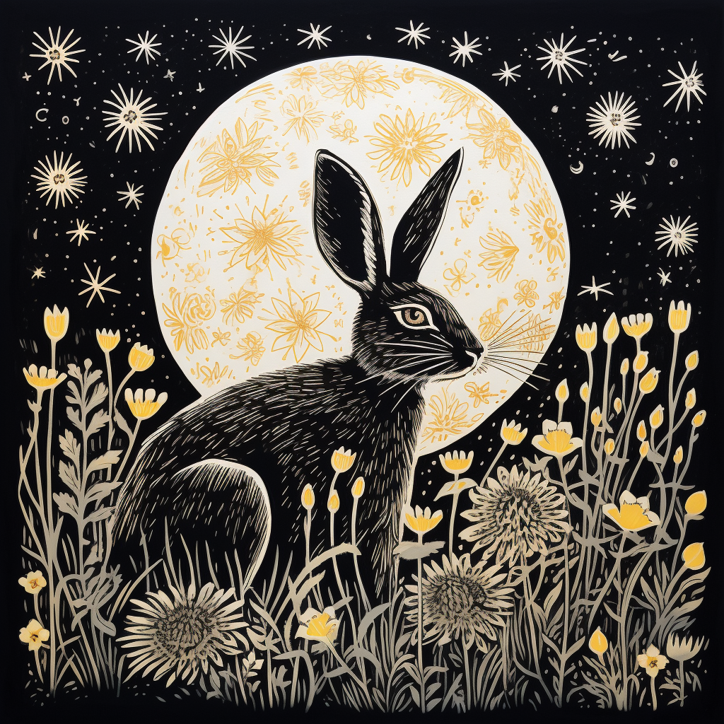 Beautiful linocut print of a jackrabbit