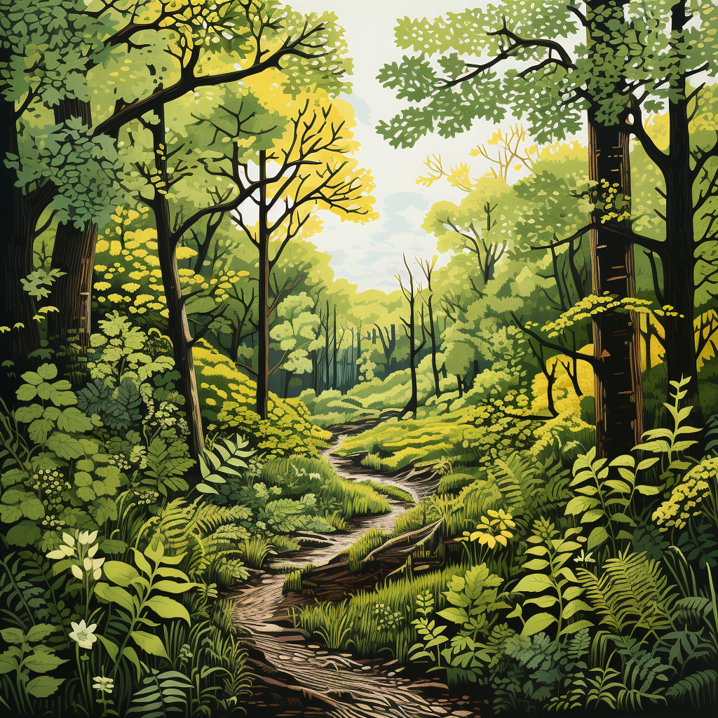 Beautiful linocut trees in rainforest