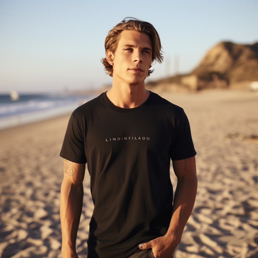 Linod surfer in black t-shirt riding waves on the beach