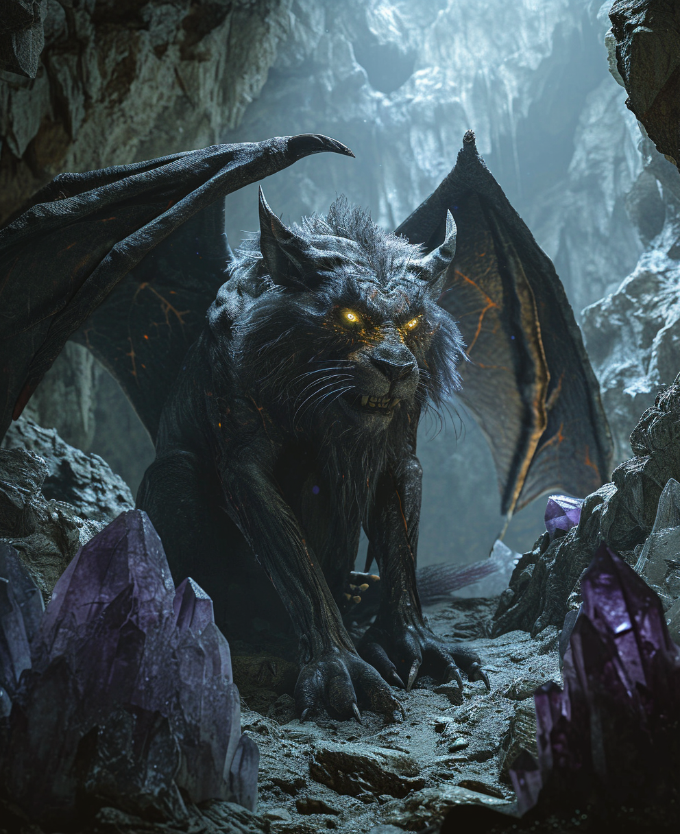 Half lion, half bat creature with purple crystals in moody cave