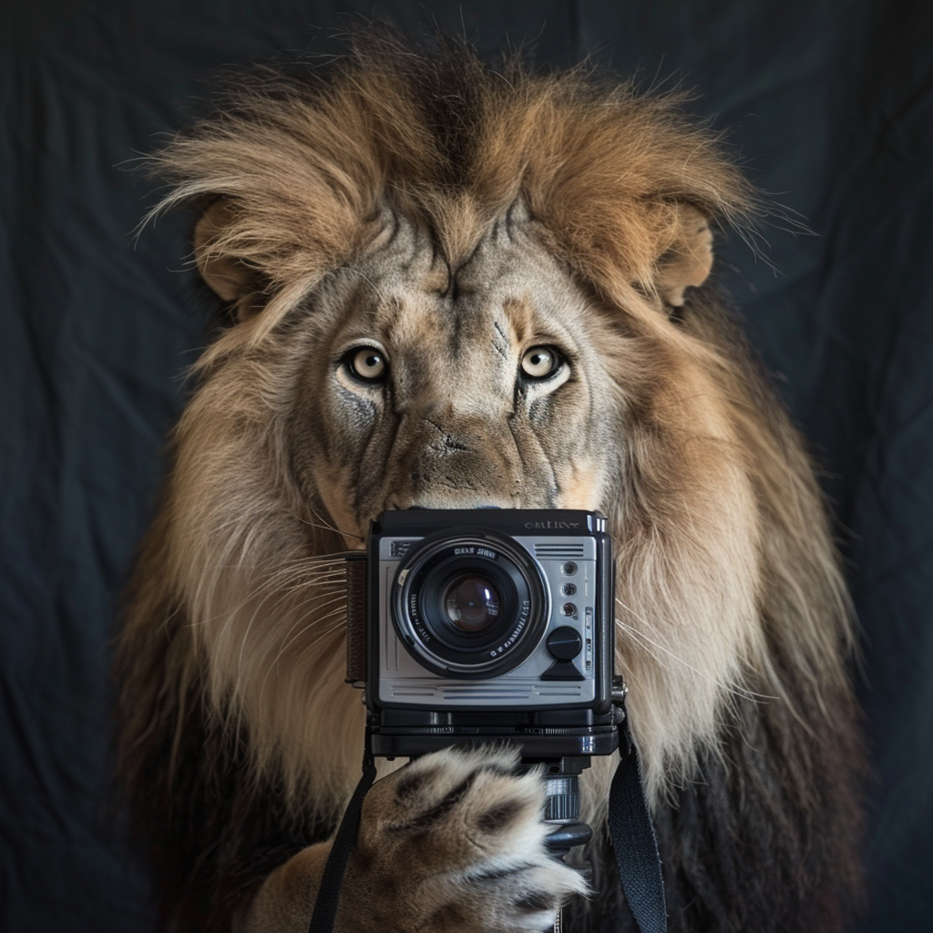 Lion with camera in mouth