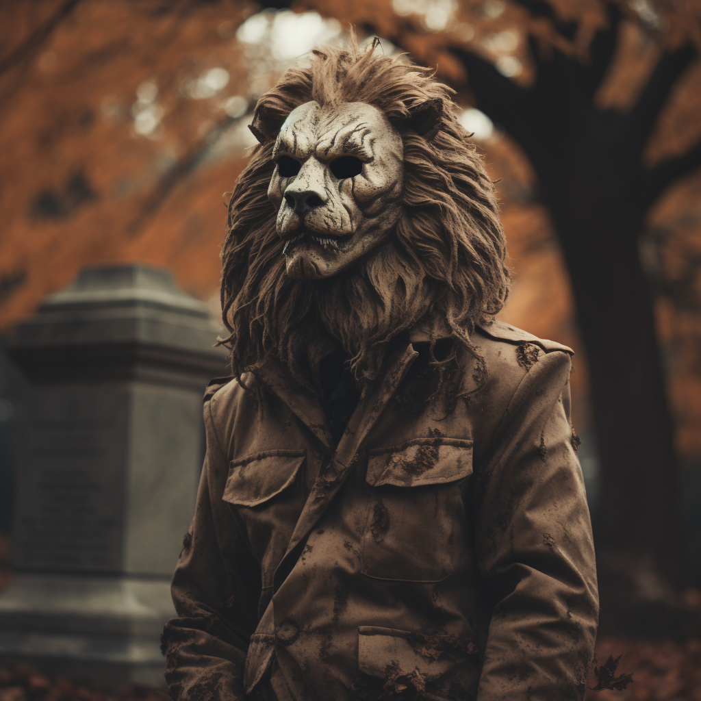 Lion in Cemetery with Michael Myers Mask