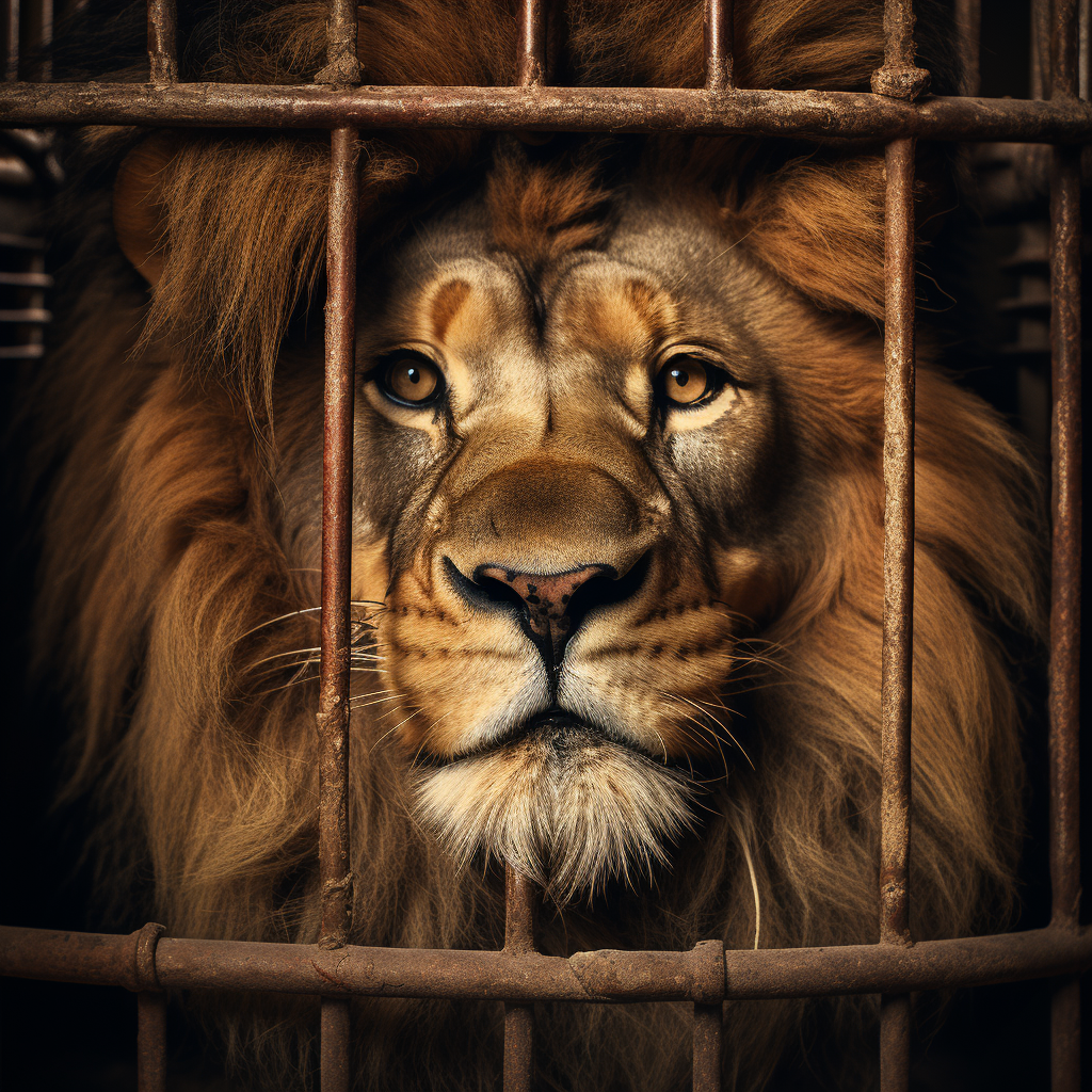 Lion squeezed in tight cage