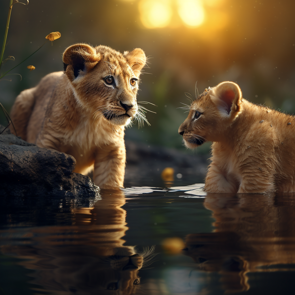 Adorable lion cub reflecting golden light