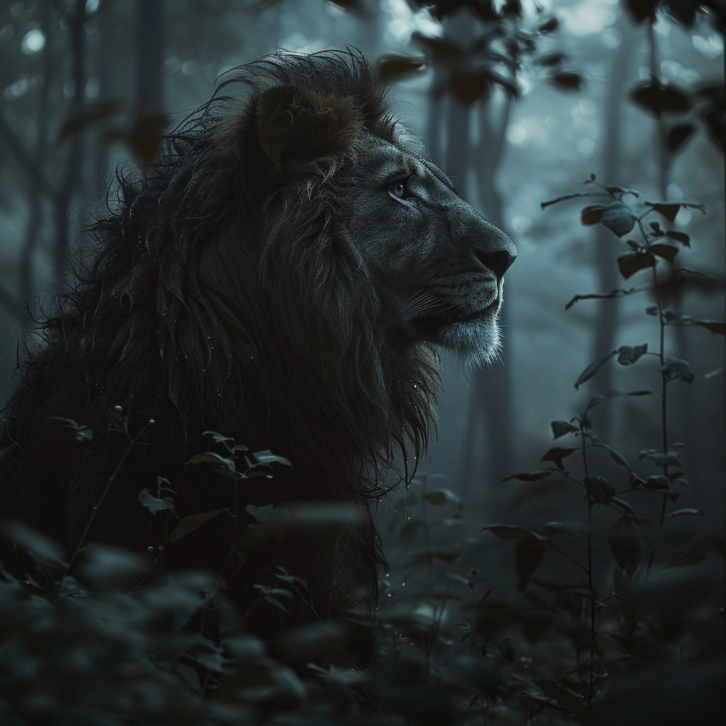 Lion in Dark Forest