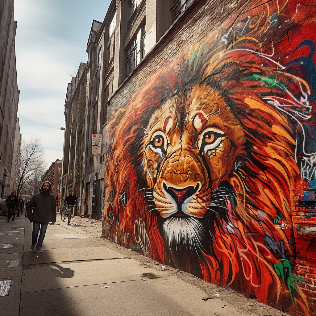 Colorful Lion Graffiti on City Wall