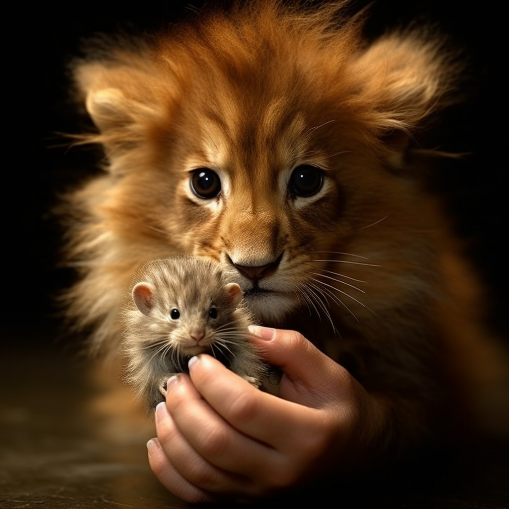 Lion and Baby Squirrel Holding Hands