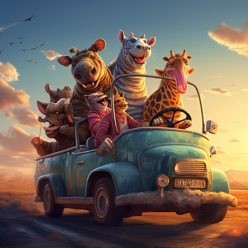 Fun Ride with Lion, Hippo, Hyena, Giraffe in Convertible