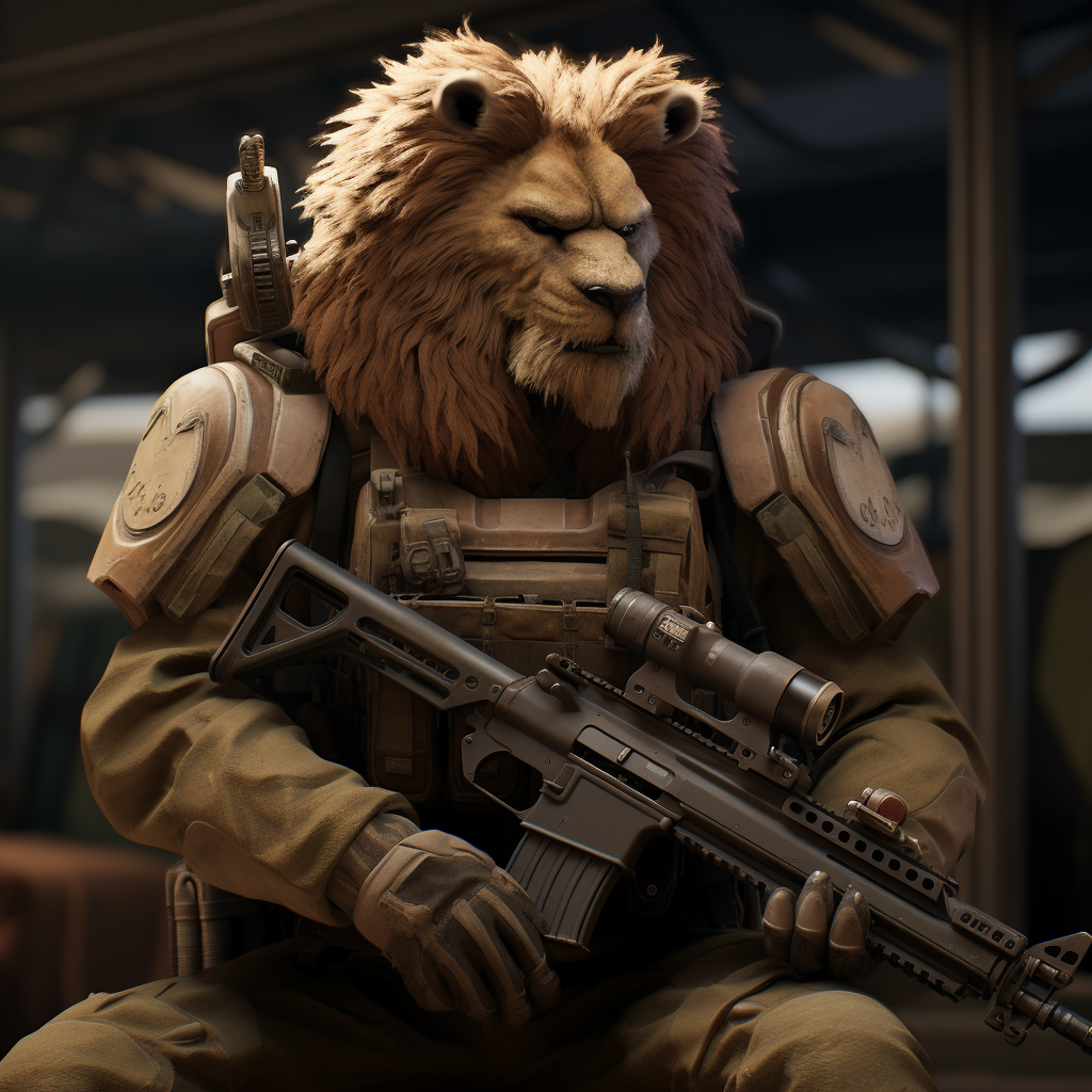 Majestic lion with M249 in UNCS tent