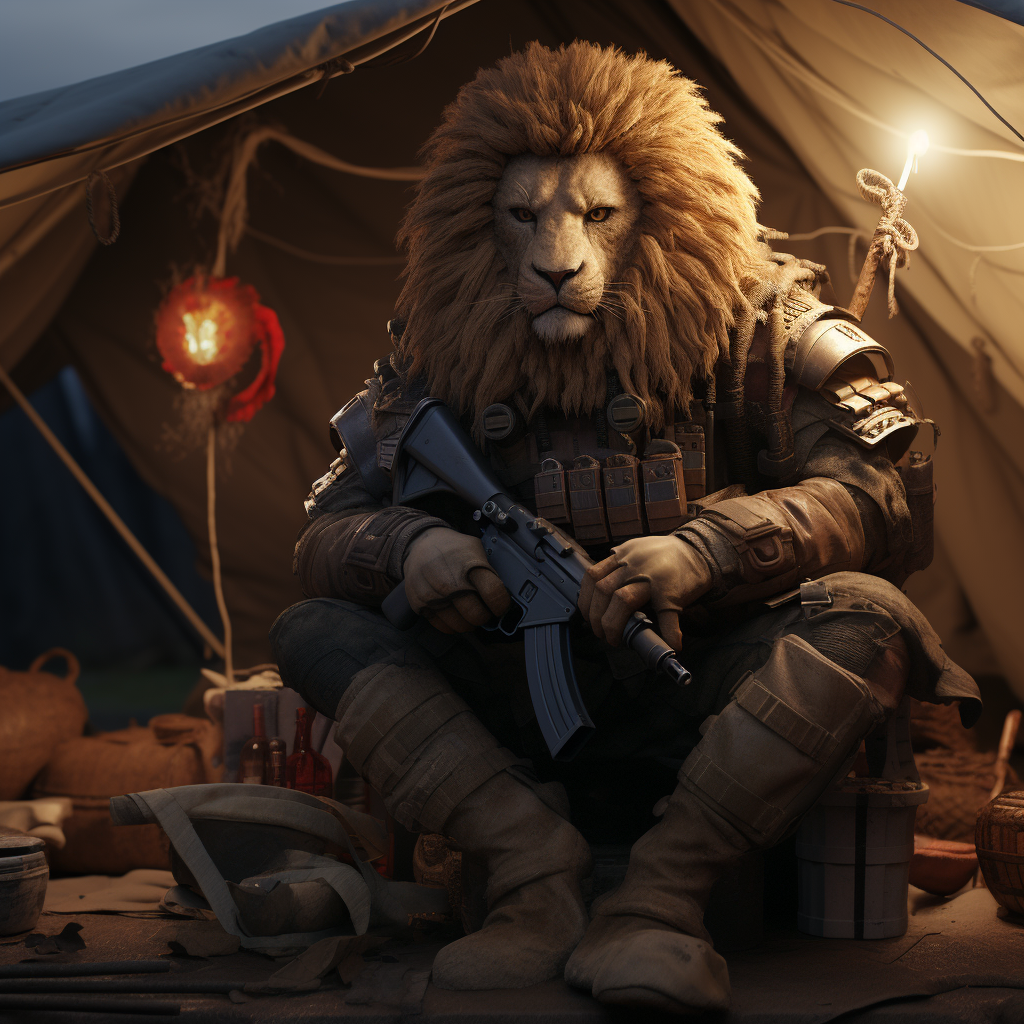 Realistic image of lion holding M249 in tent