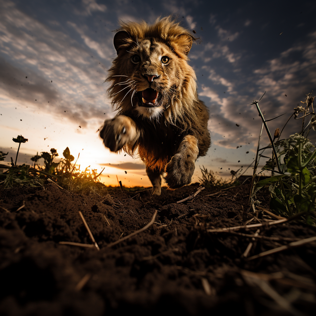 Silhouette of lion leaping at rodent