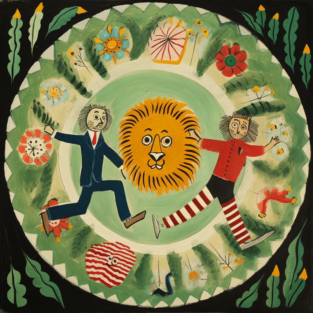 Illustration of lion, leprechaun, and businessman chasing each other