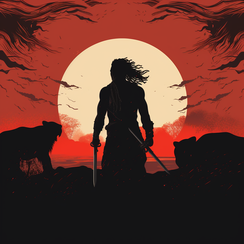 Silhouette of Brave Lion-Man with Knives