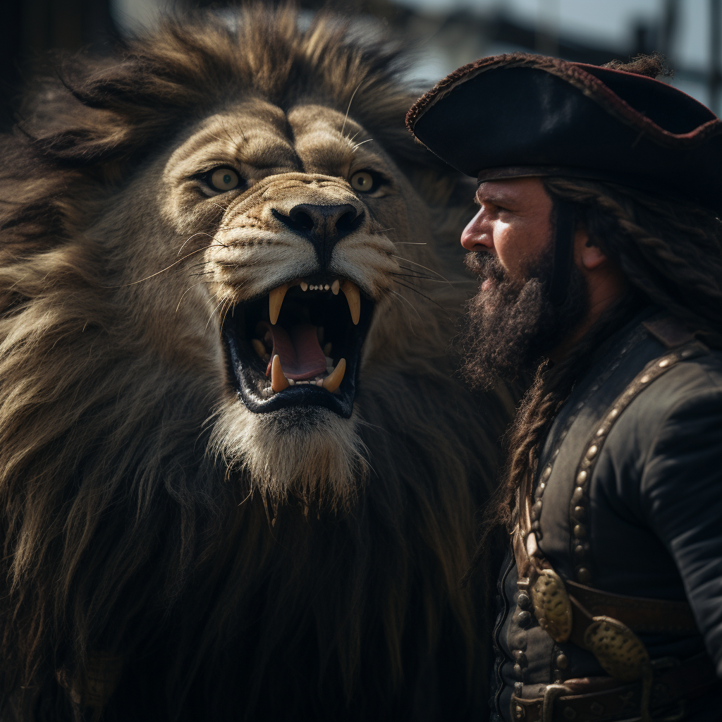 Lion triumphantly stands over goofy pirate