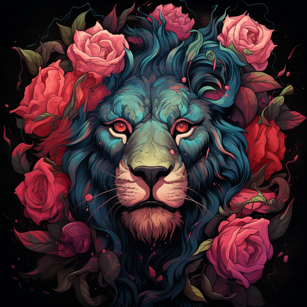 Colorful lion and roses illustration