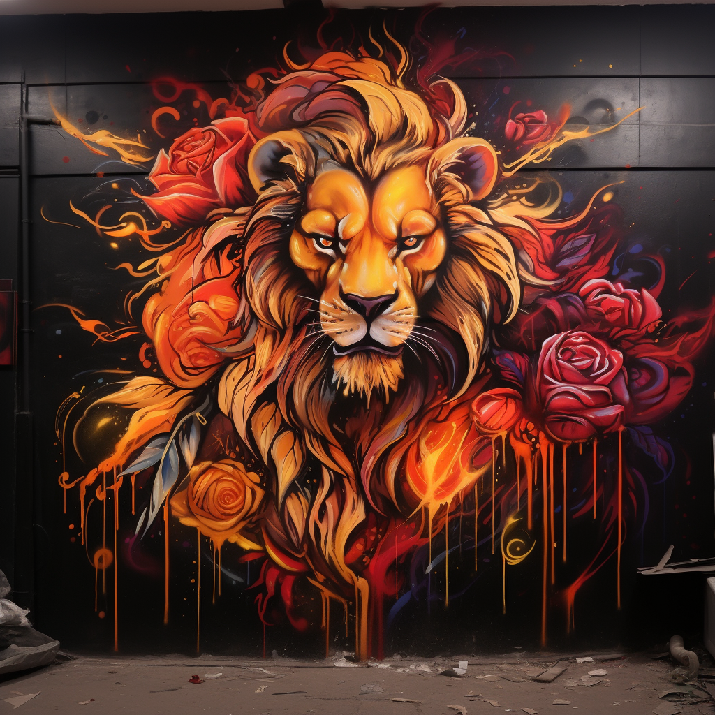 Colorful graffiti of lion surrounded by roses and fire