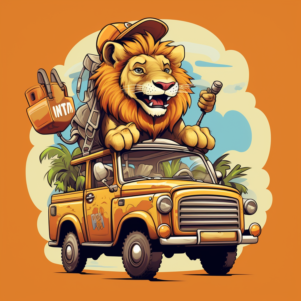 Lion driving safari truck taking selfie