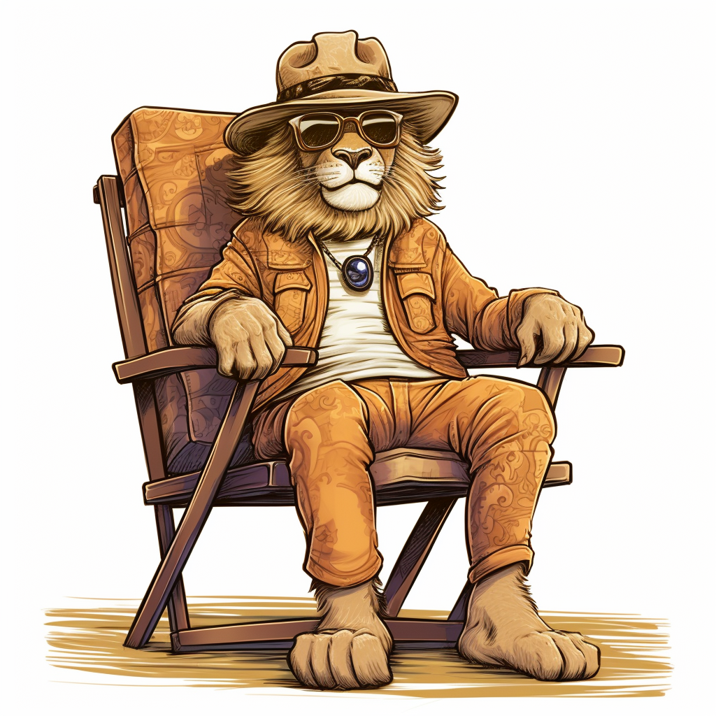 Cartoon lion sitting on wooden chair with hat and eyeglass