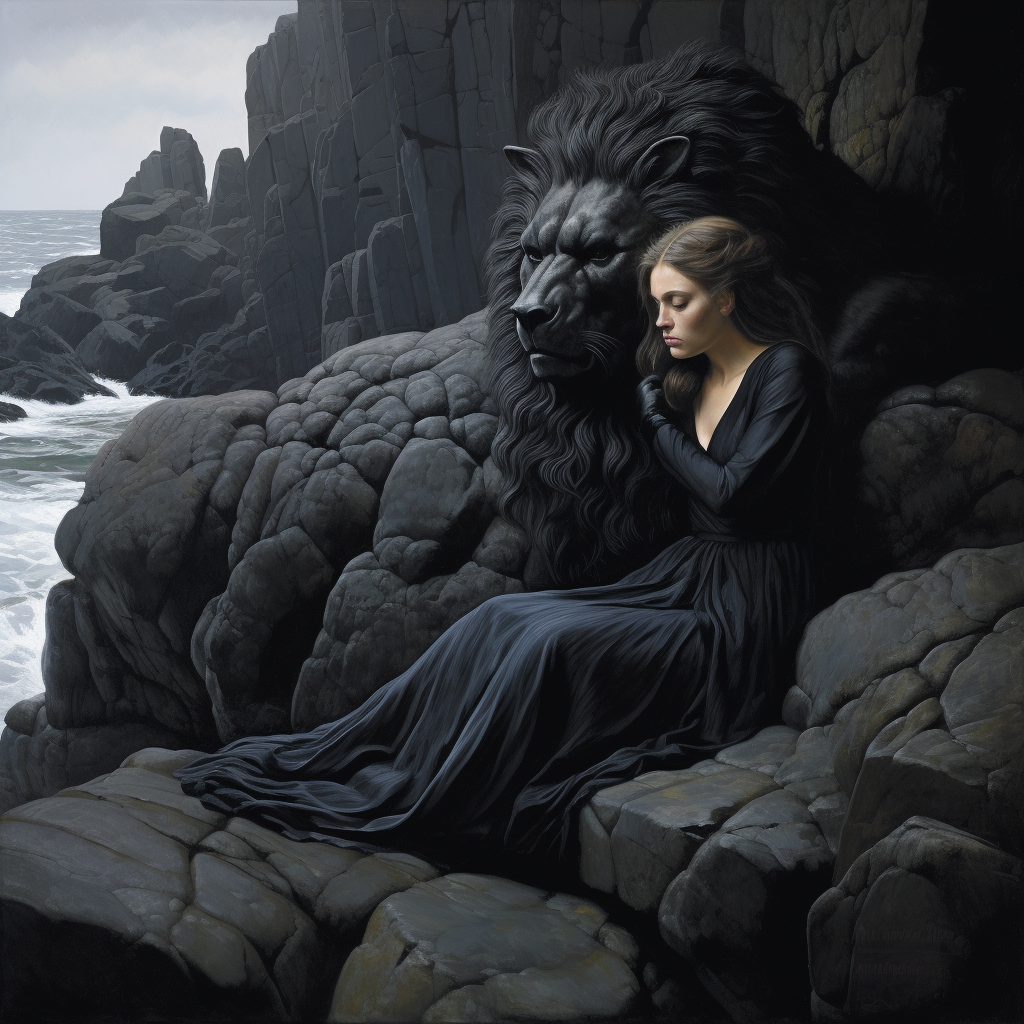 Half Lion Half Woman Lounging on Rocks